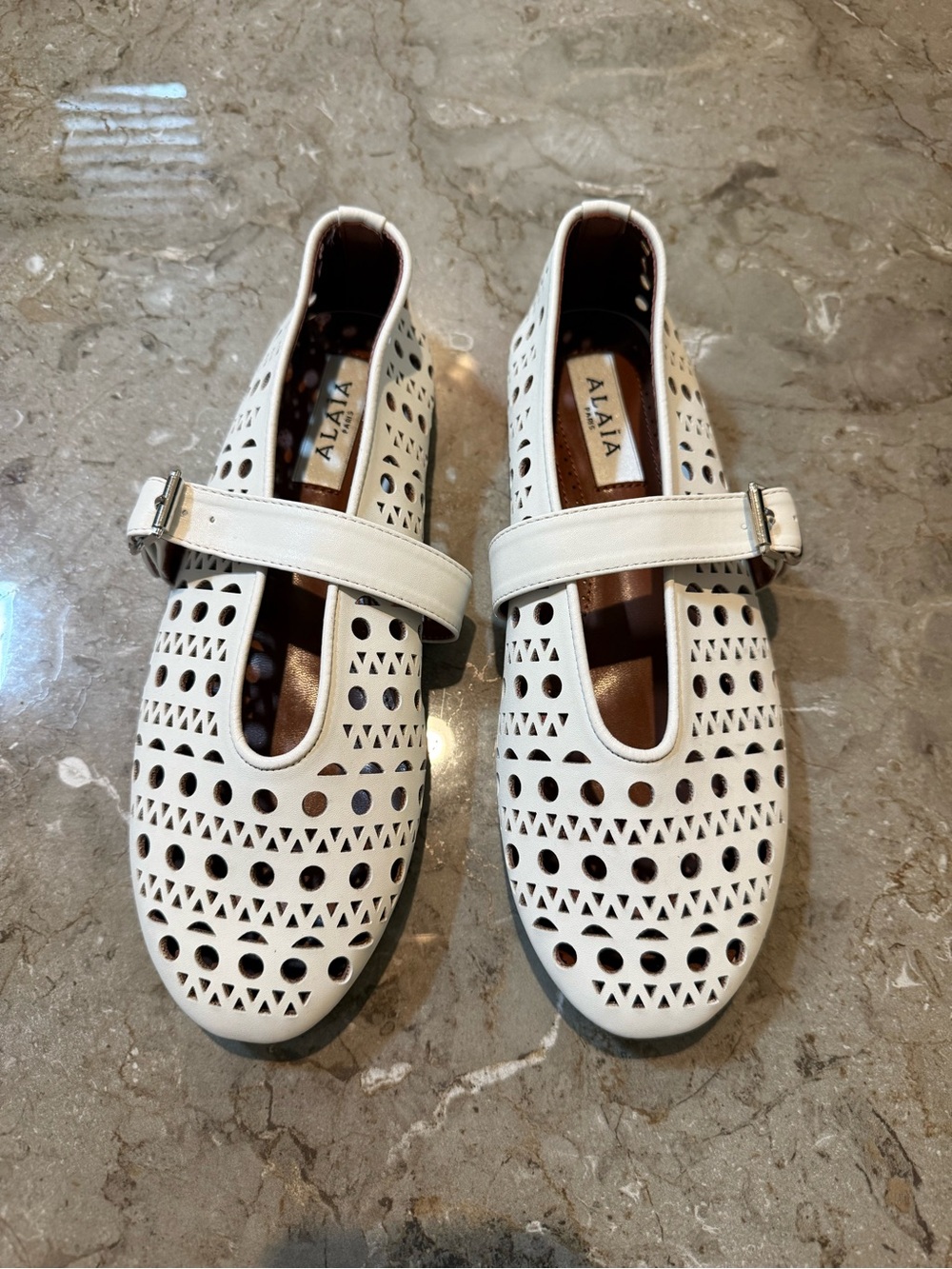 White Laser-Cut Leather Mary Jane Flats